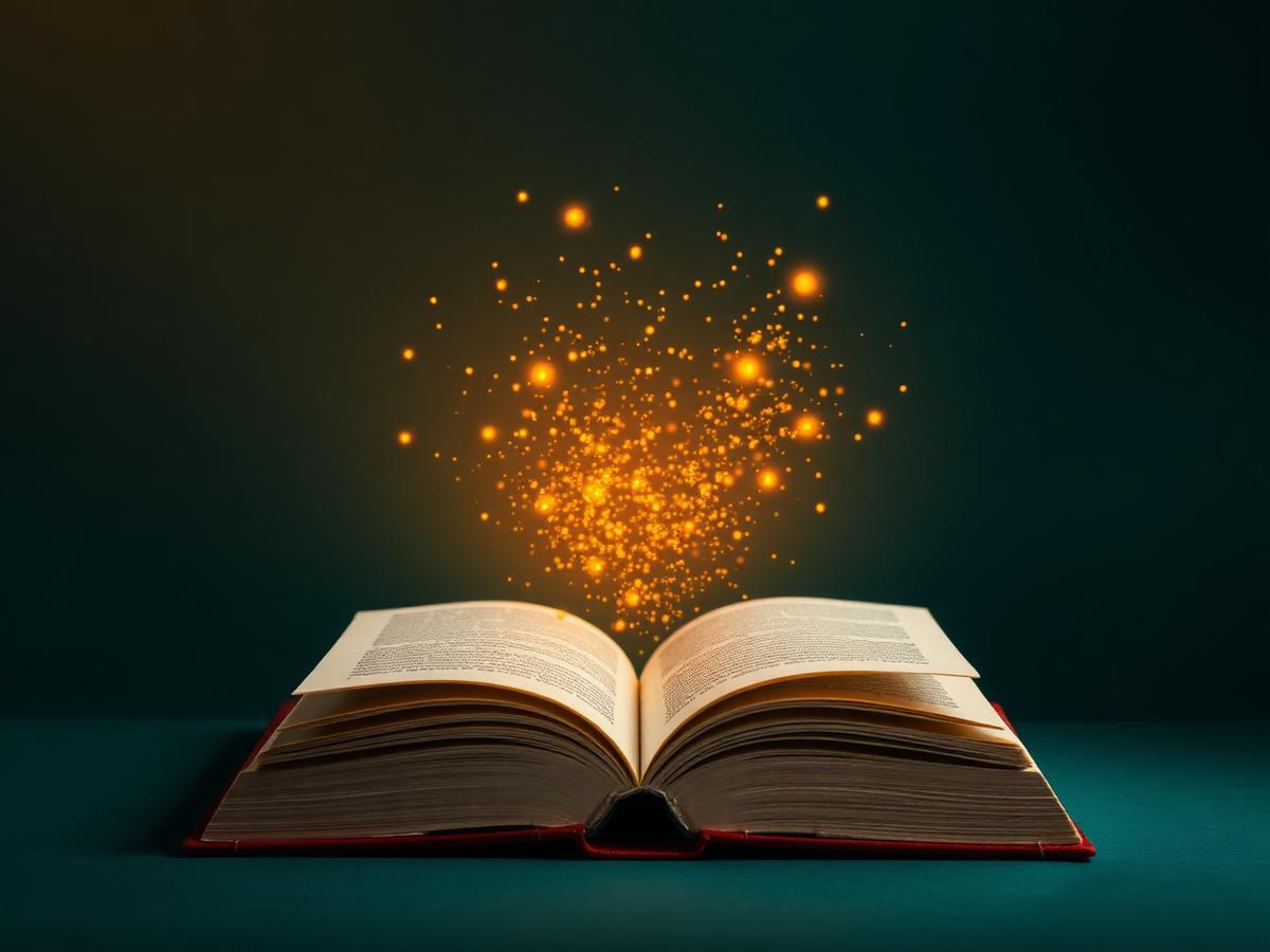 Livro aberto com partículas de conhecimento